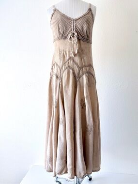 Flower Western Boho Embroidered Rayon Maxi Dress Tan Lace Trim Cami Sunset Midi